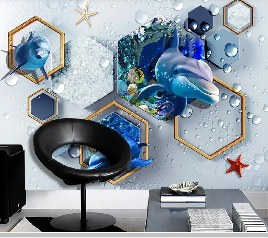 

Papel de parede 3d solid geometric marble dolphin underwater world cartoon wallpaper,living room tv wall children bedroom mural