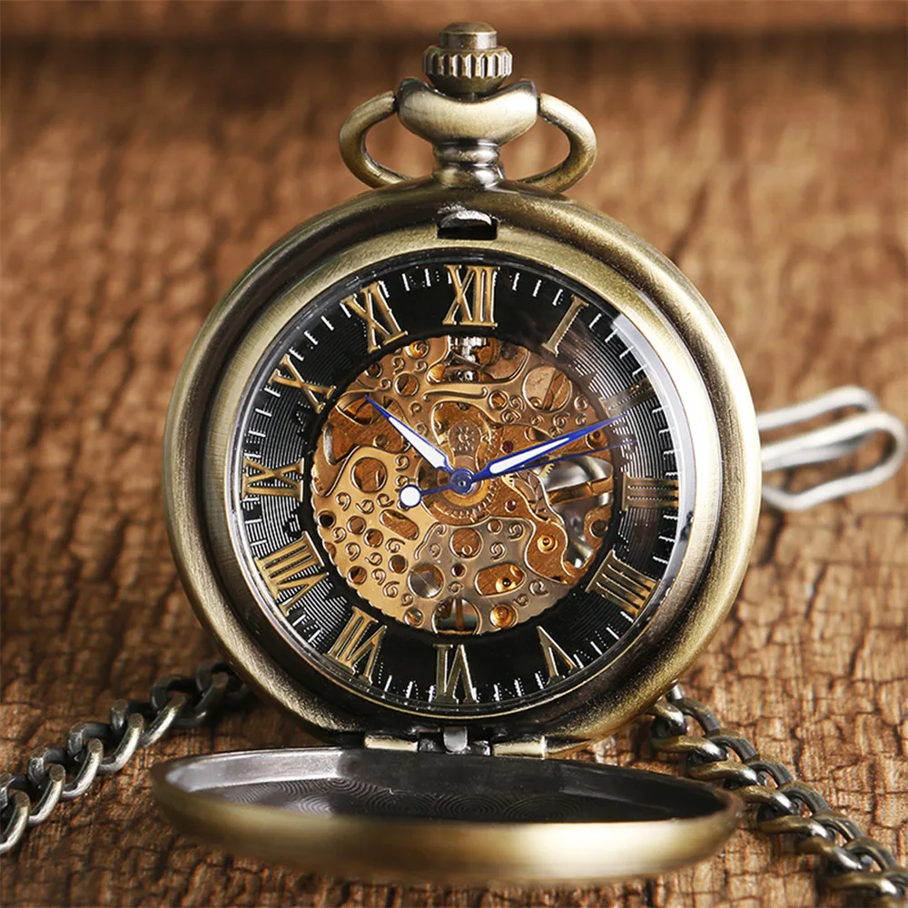 Bronze Hollow Pattern Display Mechanical Pocket Watch Hand Winding Retro Pendant Manual Mechanism Pocket Clock Gifts Male