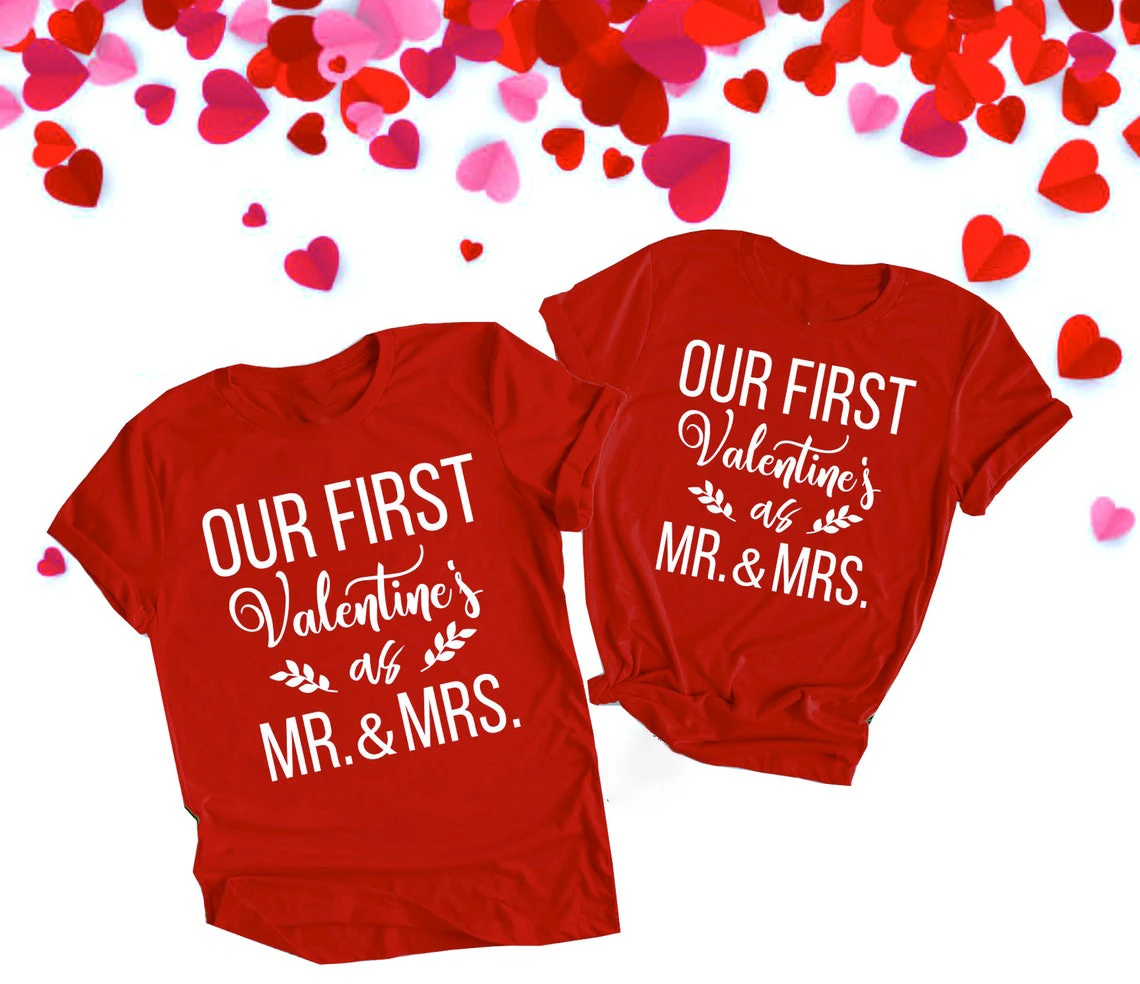 

First Valentines As Mr Mrs Couple Outfit Women Men Matching T-Shirts Husband Wife Lover Tees Tops Femme Camisetas Love Gift