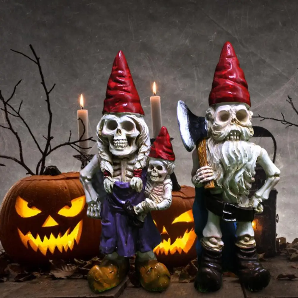 

2PCS Halloween Skeleton Gnome Statue for Garden Lawn Decoration Dwarf Figurine Desktop Ornaments Halloween Creative Decor Props