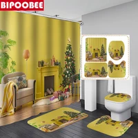 Yellow Living Room Decorative Print Shower Curtain 3d Modern Bathroom Curtains Christmas Tree Bath Mats Toilet Lid Cover Rugs