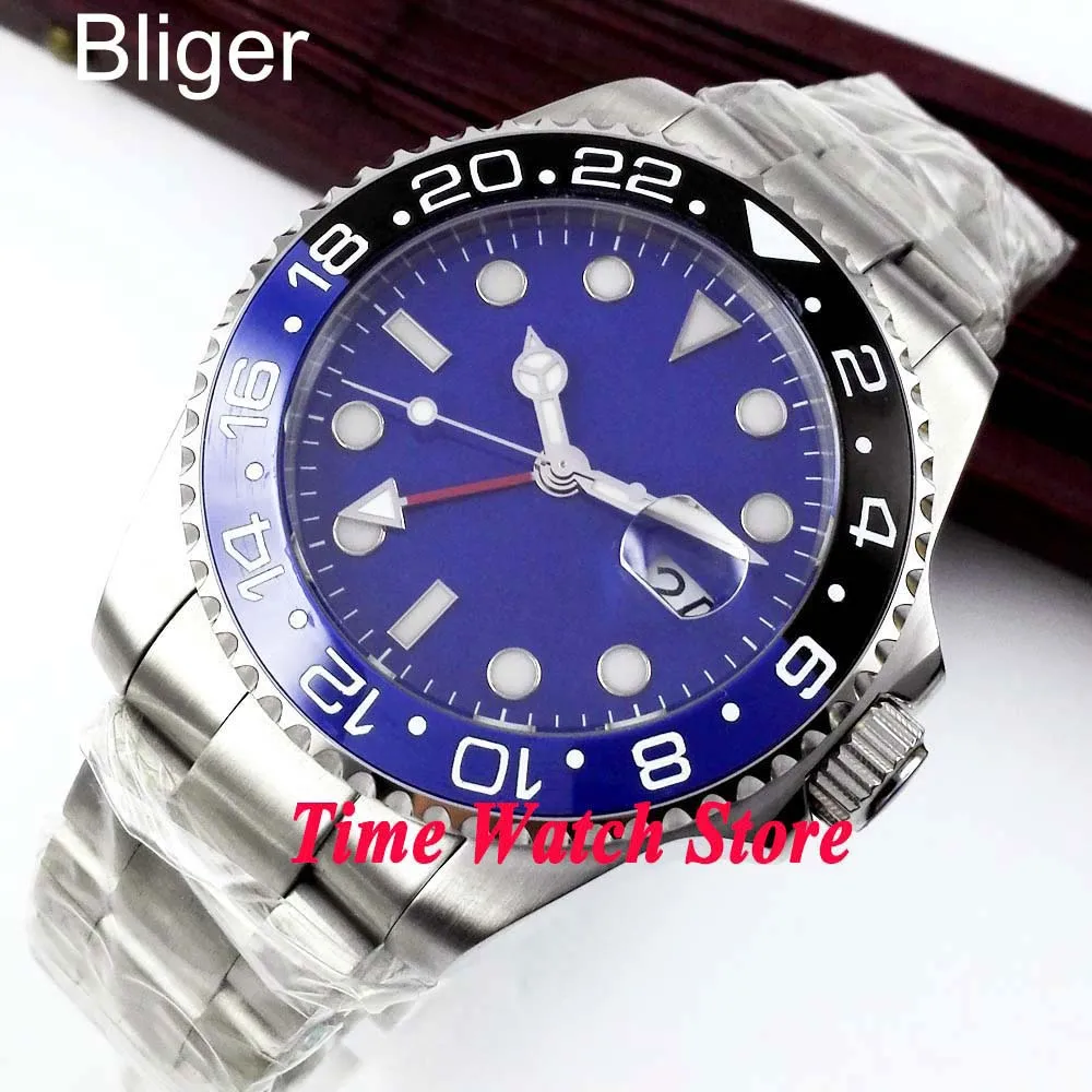 

Синий стерильный циферблат Bliger 43 мм, Светящийся красный GMT ручной керамический ободок, сапфировое стекло, автоматическое движение, мужские ...
