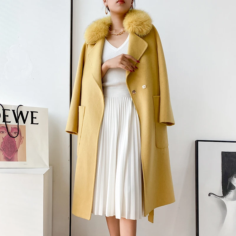 

Women's Fashion Real Fox Fur Lapel Thick Wool Trench Coat Jacket 100% Wool Belted Long Overcoat With Pockets