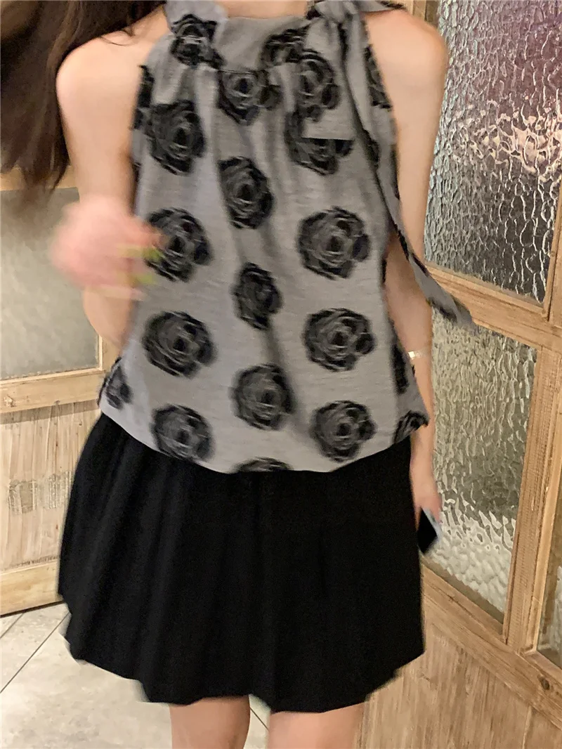 

Classic Black Rose Print Hanging Neck Bow Sweet Off Shoulder Slim Waist Vest