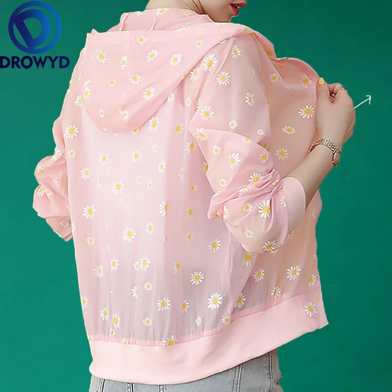 

Summer Print Hooded Thin Baseball Jacket Women Casual Long-sleeve Bomber Tops Breathable Sunscreen Cardigan Loose Coat 3 Colors
