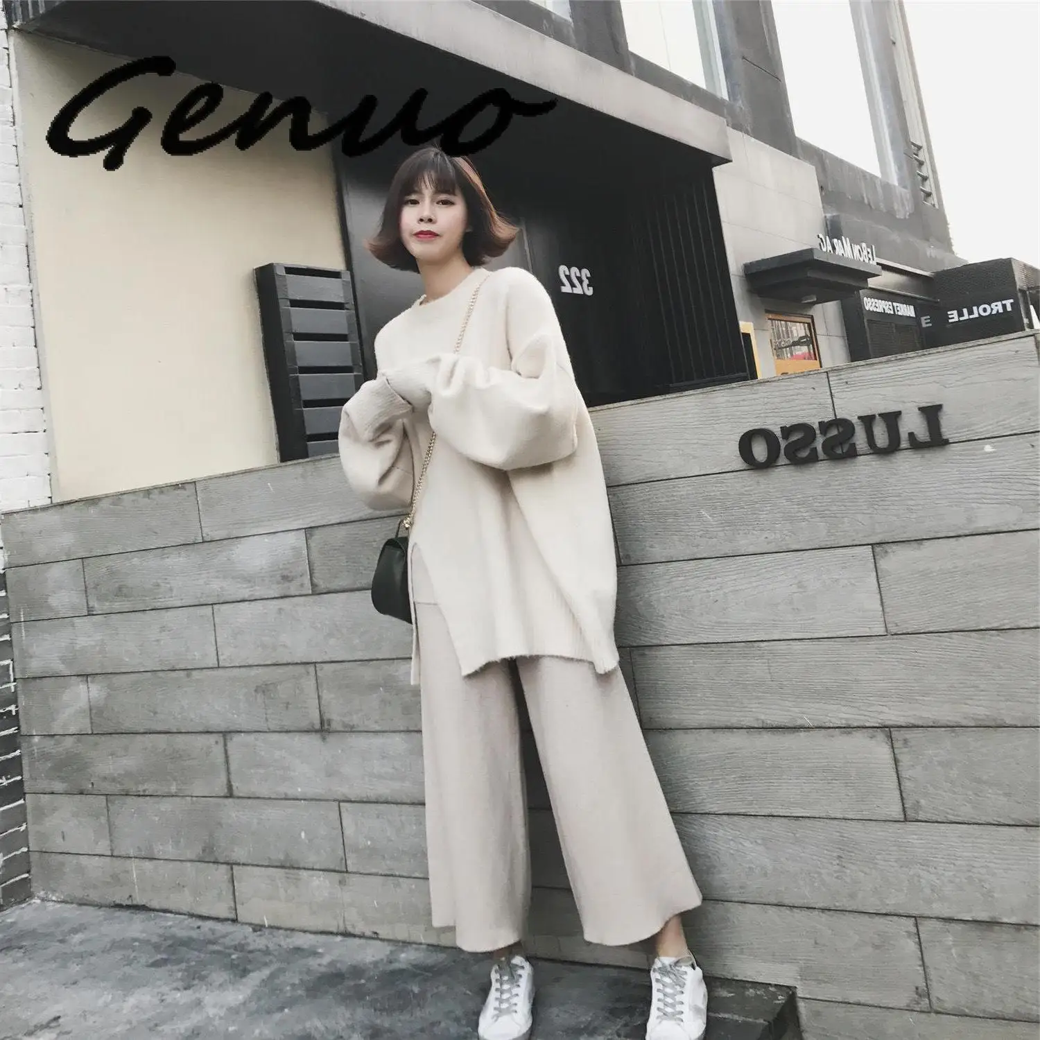 

Genuo Women Sets Sweaters+pants Two Pieces 2020 Autumn Winter New Female Long Sweater With Wide Leg Pant Loose White Woman Sets