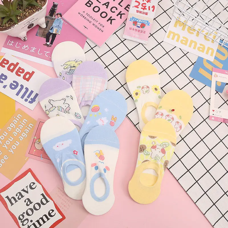 Sfree 6Pairs Purple Invisible Cartoon Cute Japanese Sweet Girl Anti-Skid Sports Boat Socks