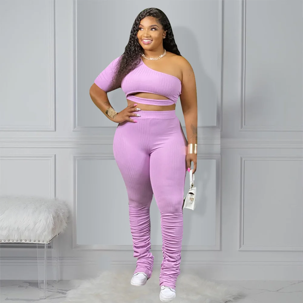 

Stacked Sweatpants Womens Tracksuits One Shoulder Tops Flare Pants Two Pieces Set for Women Plus Size Femme Clothes