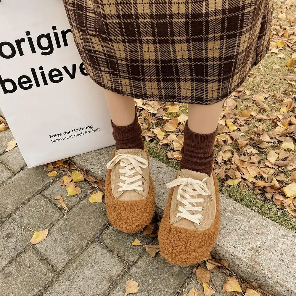 

Autumn Winter Women Loafers Plush Slip on Flat Shoes Bow Woman Flats Warm Loafer Wool Casual Shoes Fur Boat Shoes Zapatos Mujer