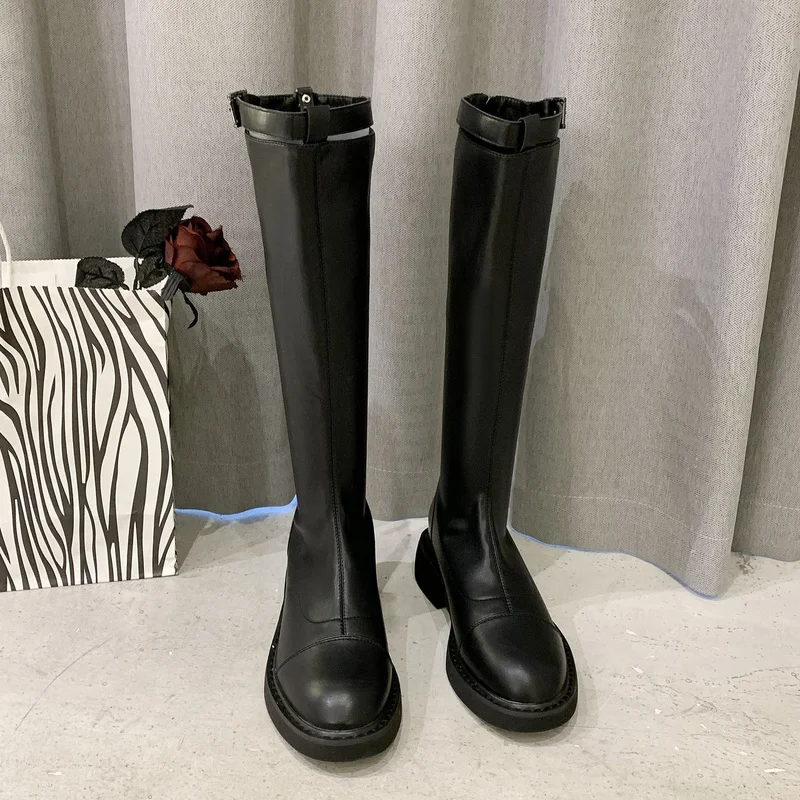 

Женские сапоги до колена из натуральной кожи, на платформе, с круглым носком, на толстом высоком каблуке, сапоги на молнии, коричневые, Осень-...