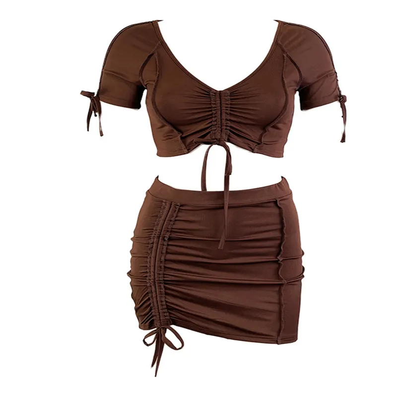 

Womens casual T-shirt and Skirt Suit Fashion Solid Color Cropped Tops and Drawstring High Waist Skinny Skirt for Summer