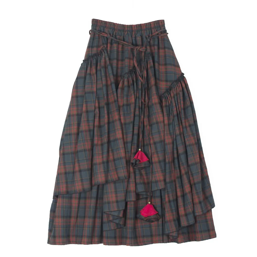 

Kalenmos Literary Retro Check Children's Women Skirts Irregular Hem Lace High Waist Heavy Cotton Brushed Pleated Medieval Skirt