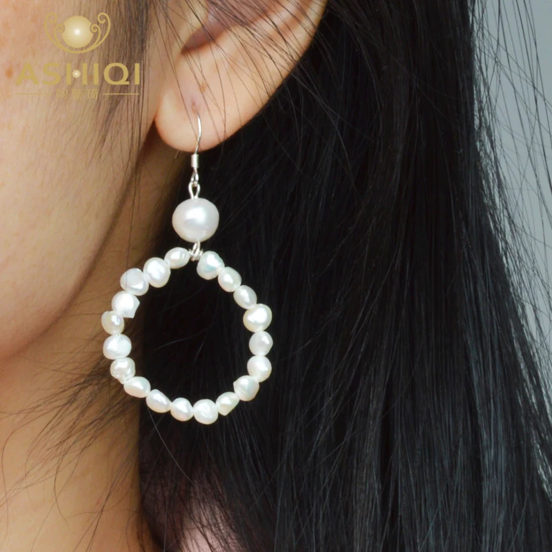 Женские серьги подвески из натурального пресноводного жемчуга ASHIQI серебро 925