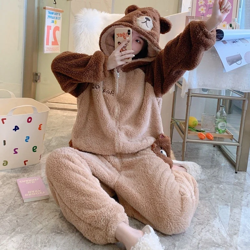 Pajamas Female Autumn and Winter Cute Cartoon Hooded Coral Velvet Thickened Flannel Warm Home Clothes Can Be Worn Outside Pajama