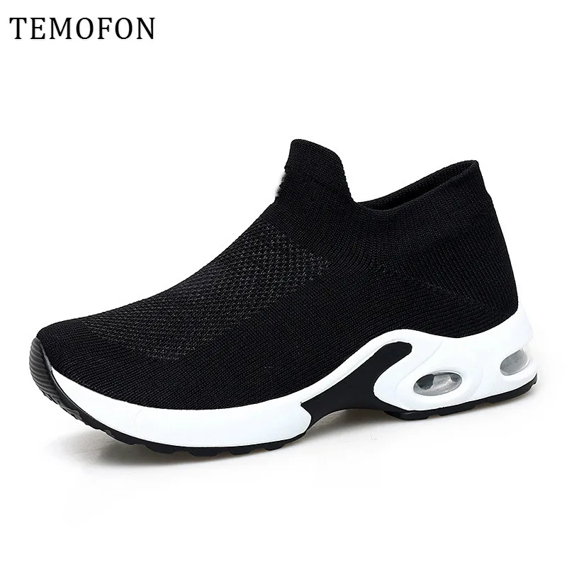 TEMOFON/кроссовки размера плюс с дышащей сеткой; женская повседневная обувь; цвет белый, черный; слипоны на платформе; женские кроссовки с воздушной подушкой; коллекция года; HVT626