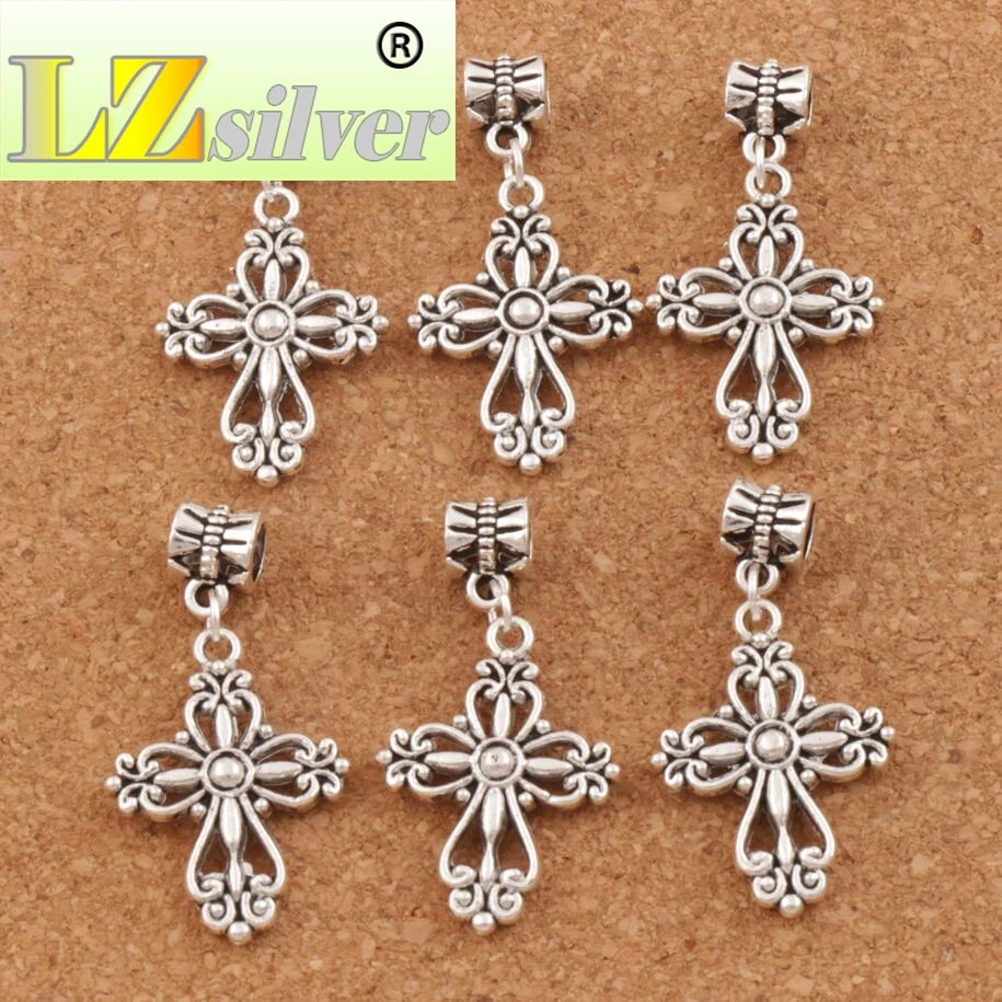 Filigree Heart Cross Religious Charm Beads 80Pcs Zinc Alloy Fit European Bracelets Jewelry DIY B425 20.5x38.7mm