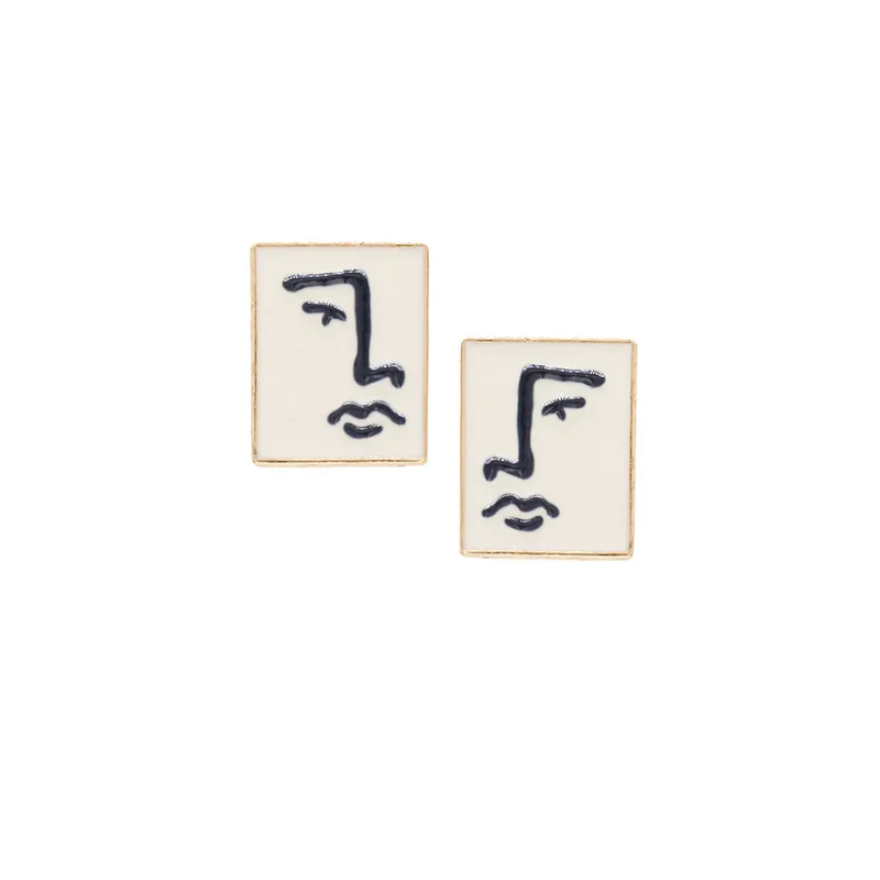 

Abstract Men Women Figure White Square Stud Earrings for Girl Korean Cute Geometric Face Gold Color Metal Big Earring Jewelry