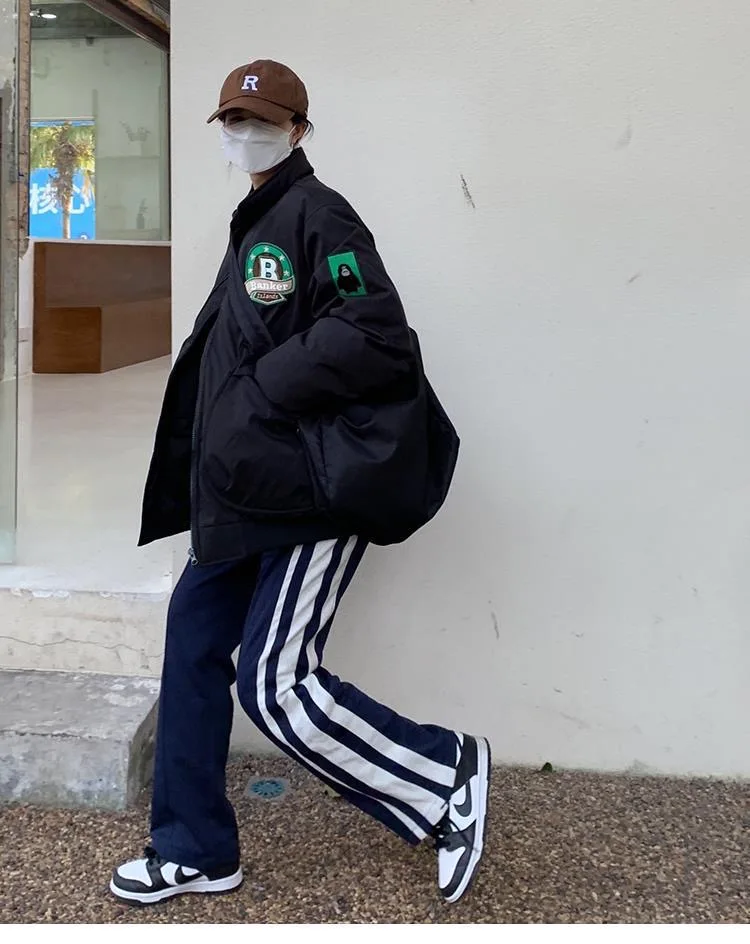 Unisex, winter, fashion, commuter, quilted baseball jacket jacket, embroidery, patch, zipper, mid-length loose cotton clothes