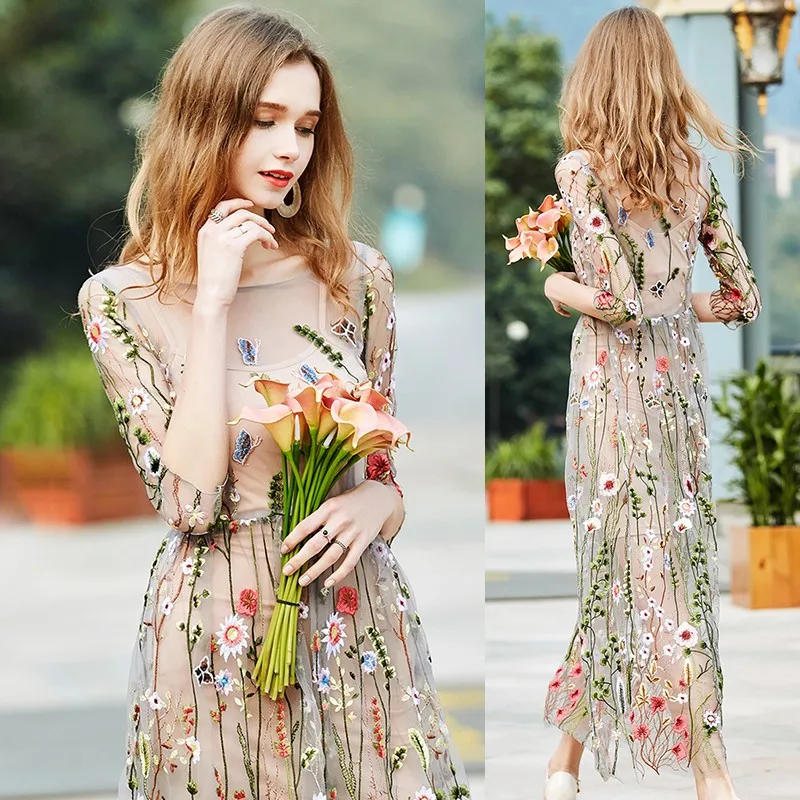 EFINNY женское шикарное платье, Vestidos, цветочное богемное цветочное вышитое винтажное платье, богемное Сетчатое платье с вышивкой, Vestidos