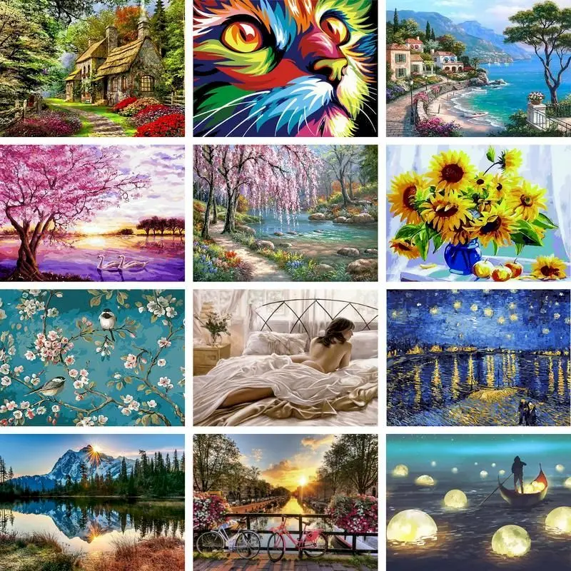 

RUOPOTY Frame Landscape Painting By Numbers Flower Animal Handpainted Kits Canvas Drawing Acrylic Paints Wall Artwork Home Decor