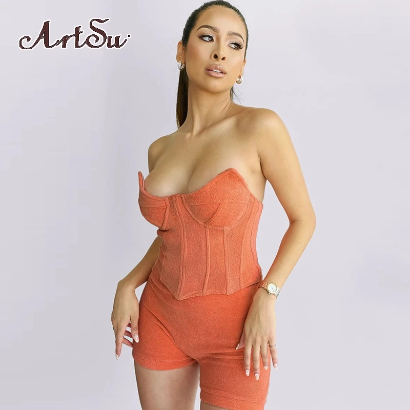 

Artsu Fashion Two Piece Set Women Bandage Corset Tops Skinny Shorts Matching Outfits Summer Casual Female Streatwear