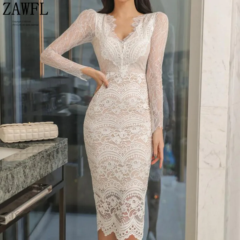 

ZAWFL 2022 Sexy Lace Patchwork Pencil Bodycon Dress Women Hollow Out See Through Sheath Dresses OL V-neck Work Vestidos