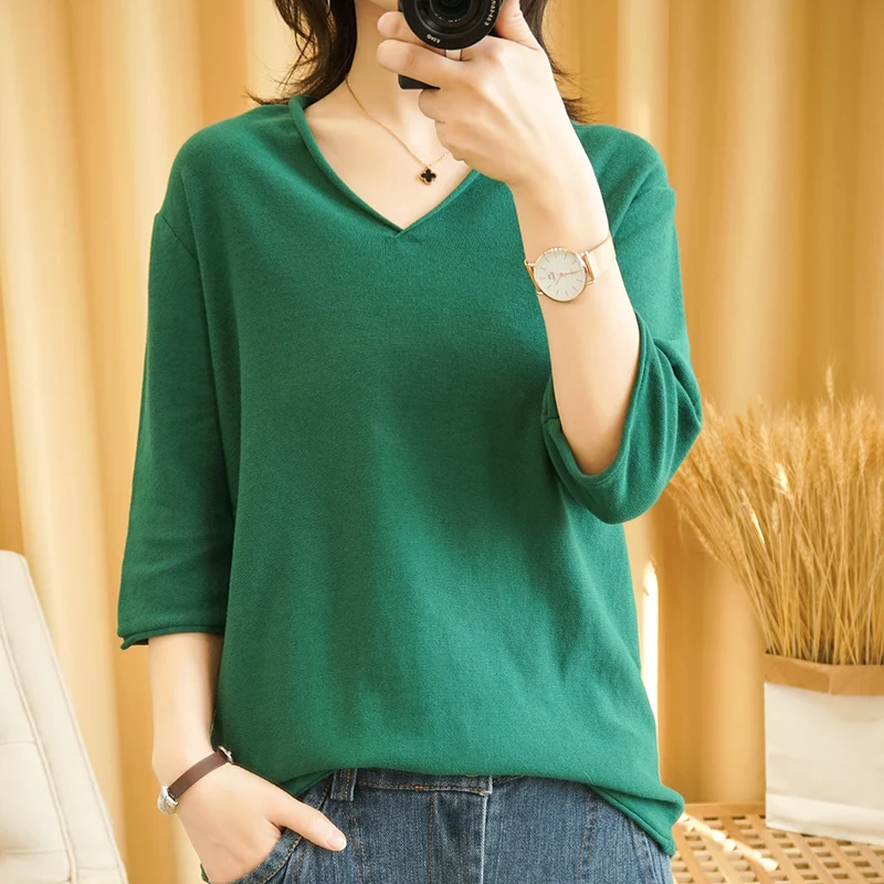 Smpevrg 100%Cotton Knitted Sweater Women And Pullover V-Neck Half Sleeve Casual Female Pull Femme | Женская одежда
