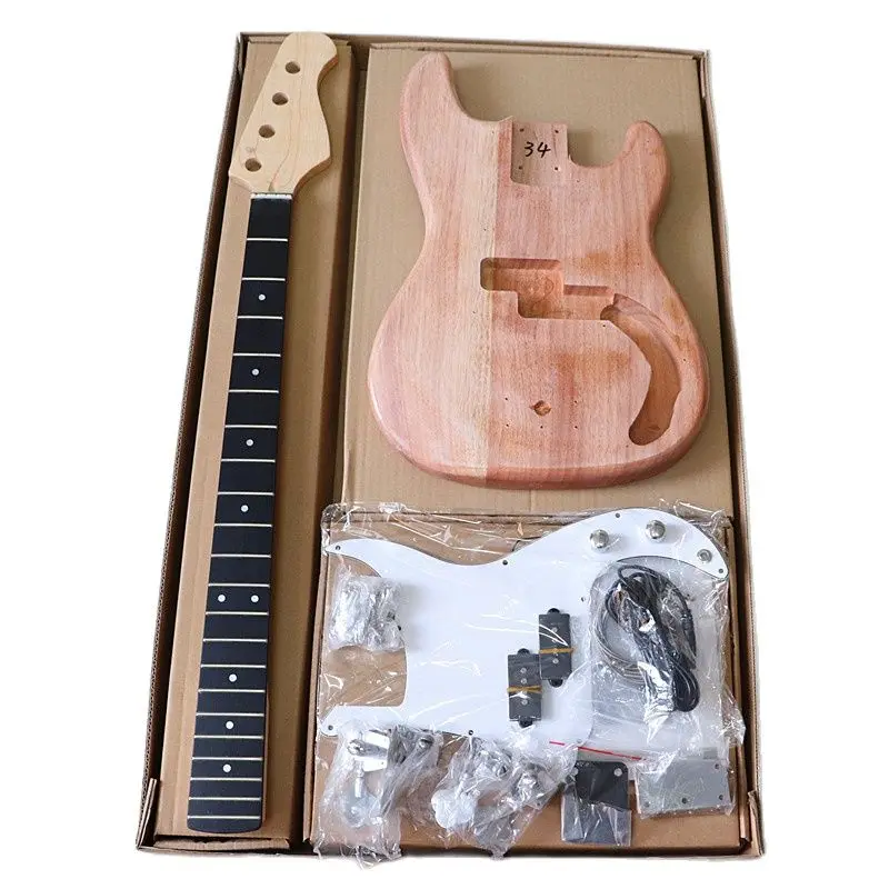 PB Electric Bass Guitar Body & Neck Kit Maple Neck 21 Frets Okoume Wood Body Barrel Unfinished Project All DIY Bass Guitar Parts