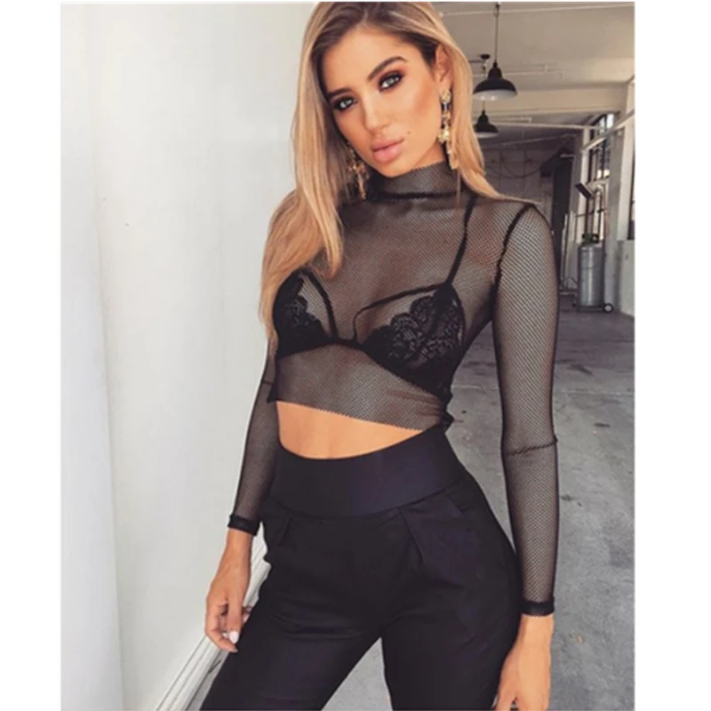 Сексуальная модная повседневная женская черная сетчатая футболка тонкий