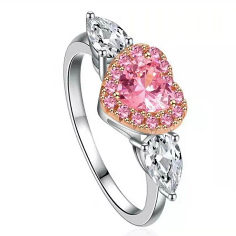 

Classic Lovely Pink Heart Love Shaped Crystal Open Adjustable Ring with Water Droplet Rhinestone CZ for Women Party Jewelry