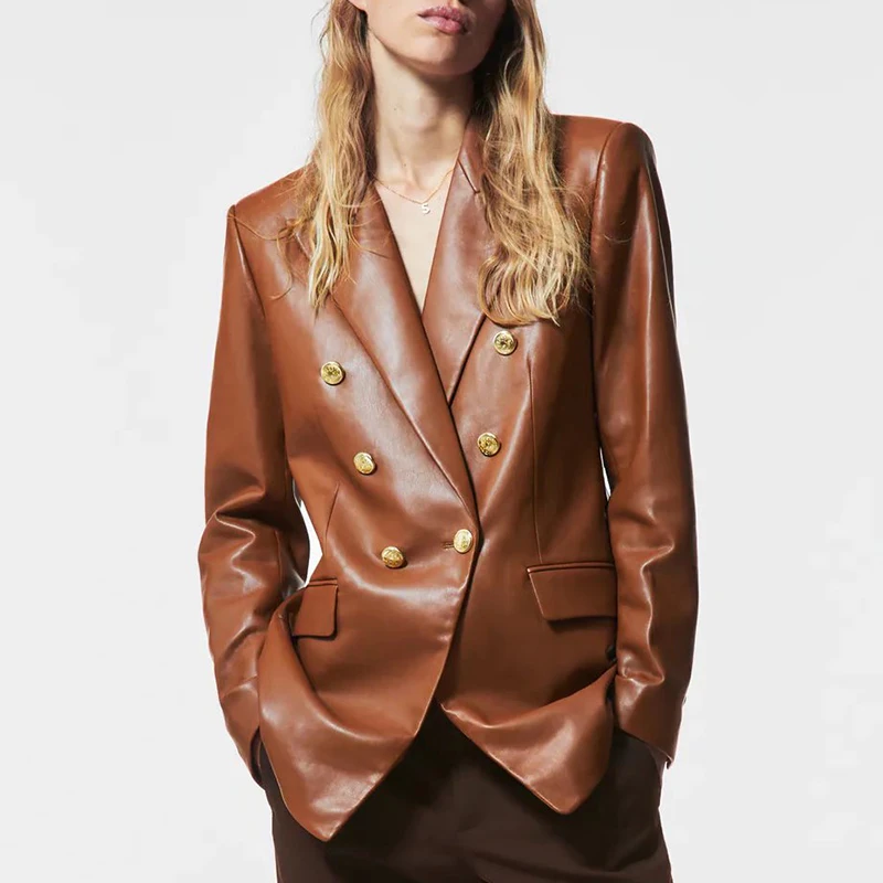 

ZA Autumn Women PU Leather Jacket Coat 2021 New Long Sleeve Double-Breasted Casual Chic Top Pocket Notched Streetwear