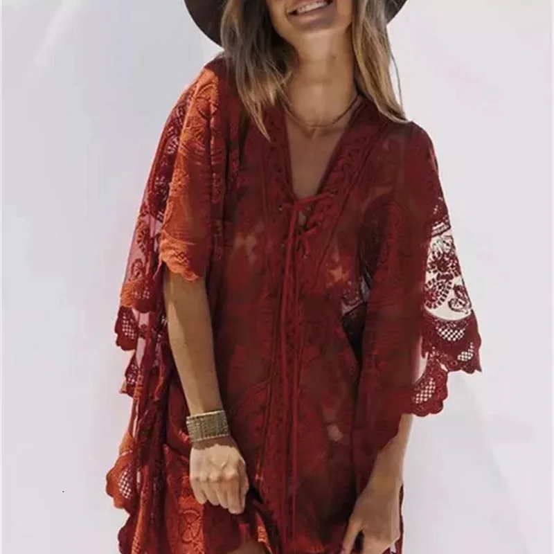

2021 Sexy See Through Lace Up V-neck Summer Beach Wear Women Tops and Blouse Bohemian Embroidered Luxury Shirts Sarongs