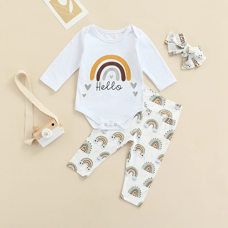 

Newborn Girl\u2019s Tops Trousers Suit Rainbow Print Long Sleeve Romper Trousers Headband Baby Clothing Cotton Outfits