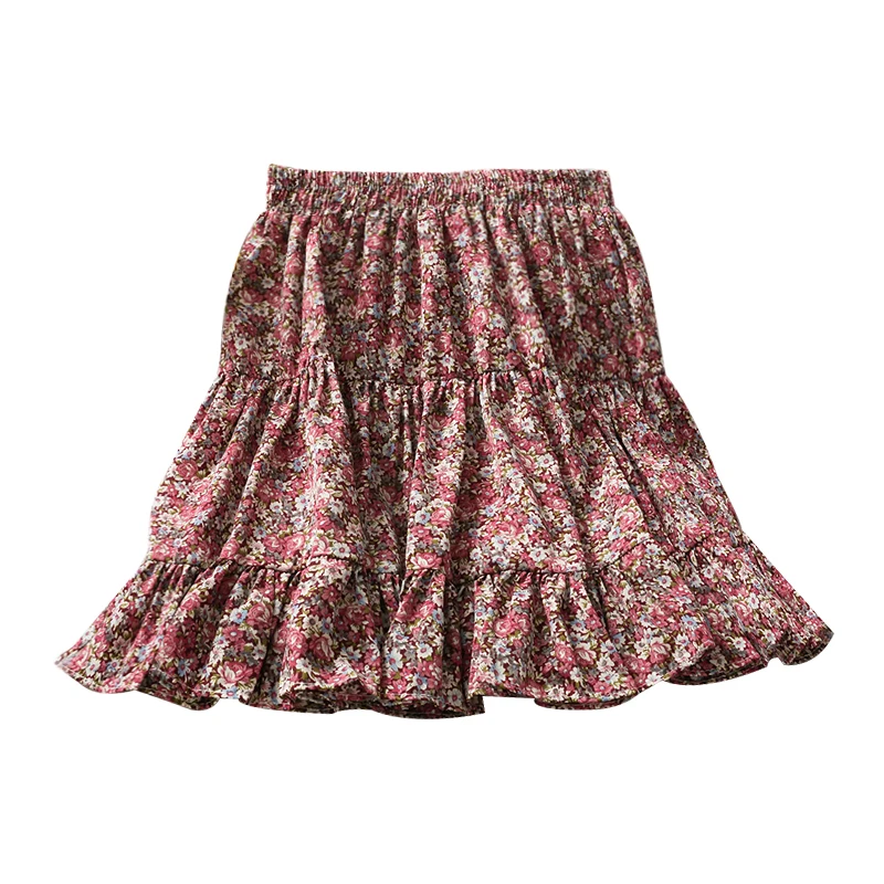 

2021 New Retro Printed Elastic Waistband Slimming Ruffled Patchwork A- line Skirt Women's Floral Short Skirt Summer
