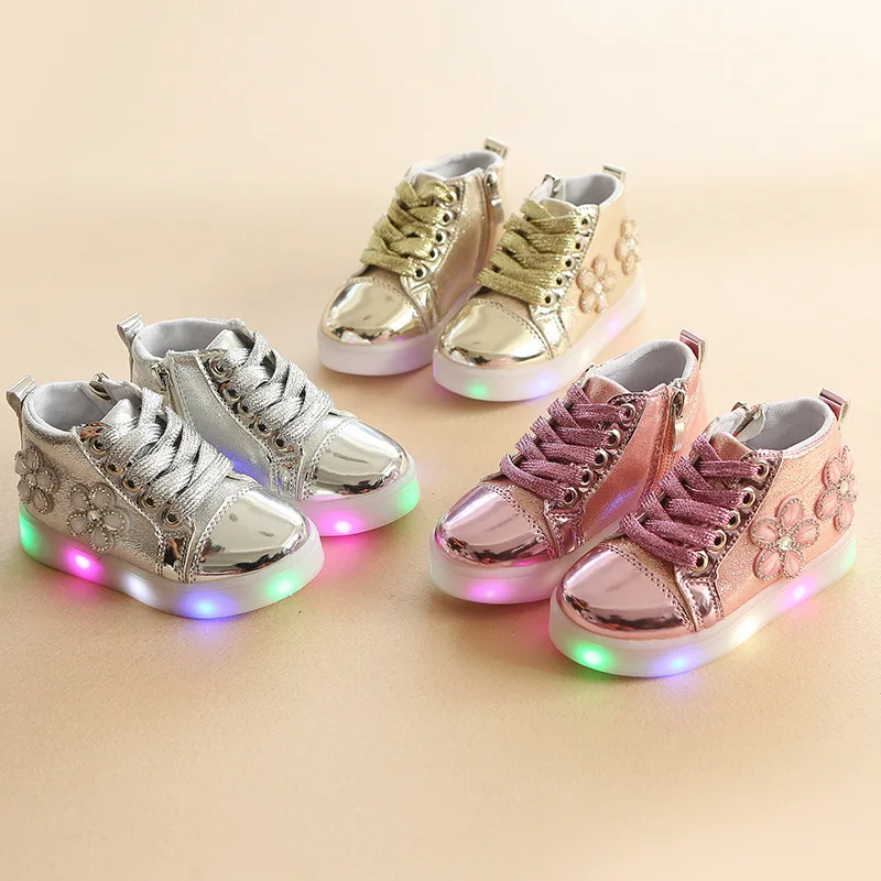Spring Kids Shoes Baby Girls Glowing LED lighted Sneakers Children Casual Bling Flow Soft Size 21-30 pink gold sliver | Детская одежда