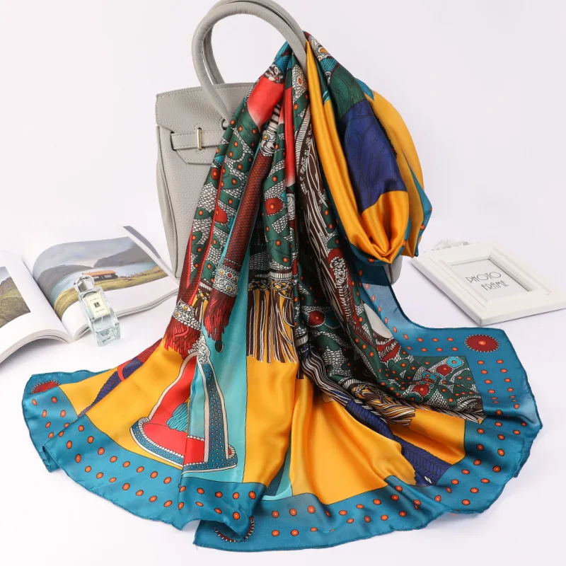 

2021 Korean 180X90CM Beach Towel Lady Print Silk Scarves Summer Travel Sunscreen Shawls Fashion Carriage Dustproof Handkerchief