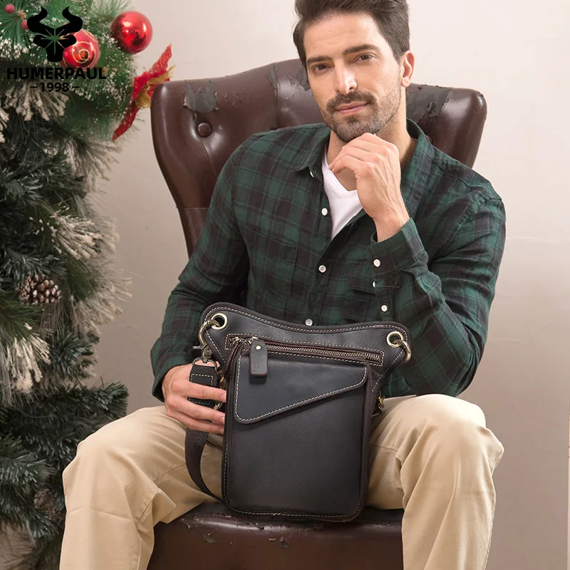

HUMERPAUL Crazy horse leather Male Waist Packs Phone Pouch Bags belly Bag Men's Small chest Shoulder Belt travel Bag small
