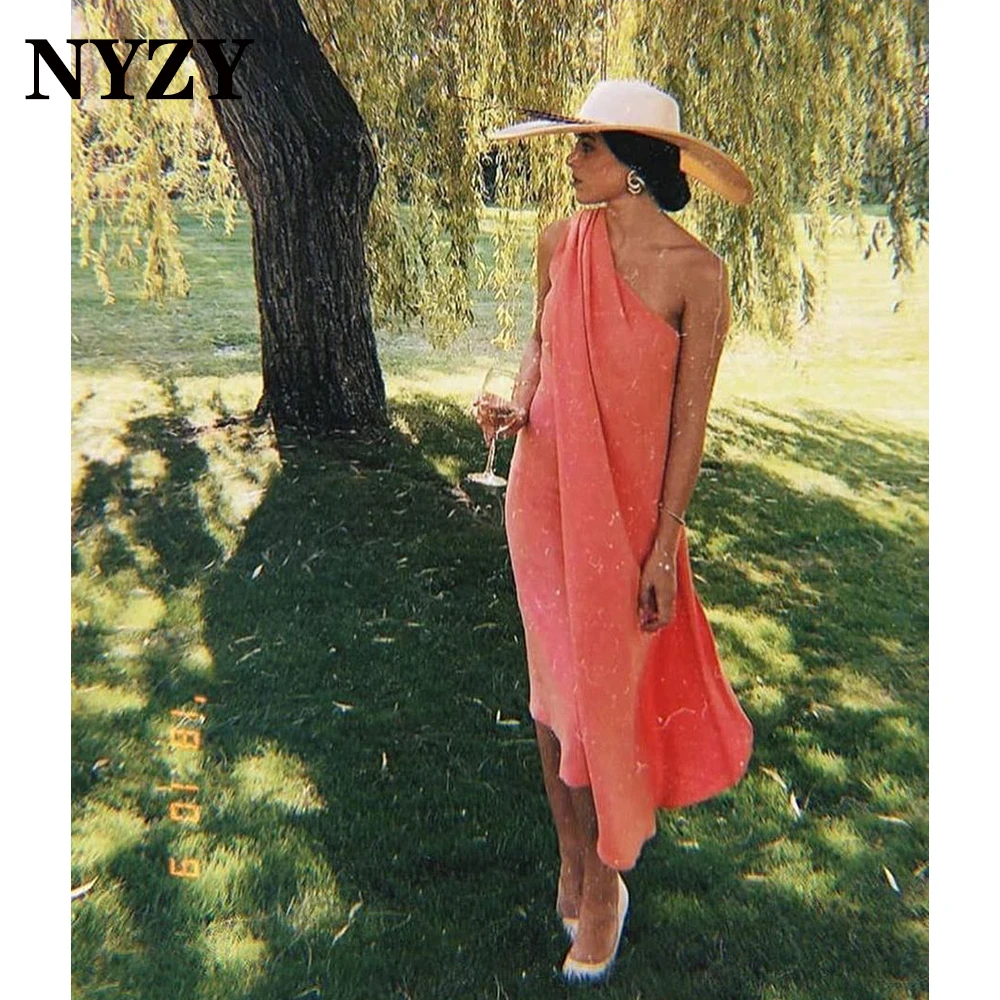 

NYZY C303 Soft Satin Sleeveless One Shoulder Coral Cocktail Dresses Party Graduation Homecoming Evening Gown