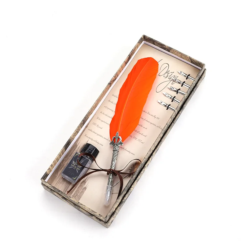 PS210 1Set Calligraphy Feather Dip with 5 Nib Gift Quill Pen Writing Ink Set Box Wedding Fountain Design New | Канцтовары для офиса