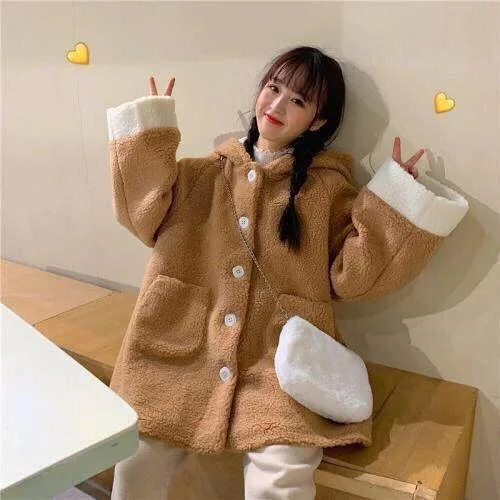 Double-Layer Hat Lamb down Sweater Women's Rabbit Ears Long Sleeve Rac |