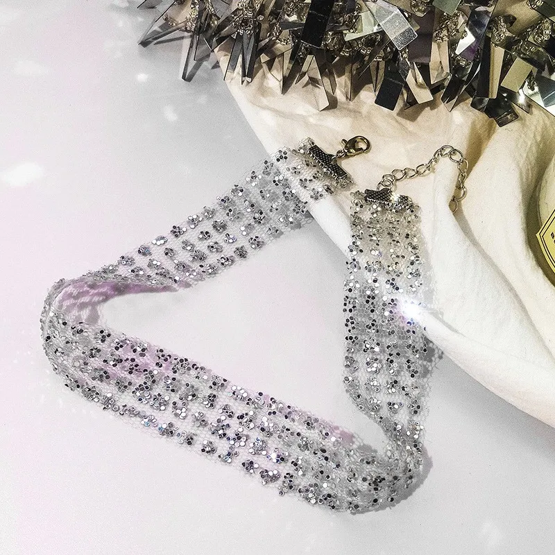 

2021 Summer Lace Choker on The Neck Necklace Jewelry Wedding Sexy Hollow Lace Black Sequins Choker Necklace for Women