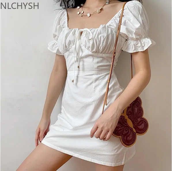 

Summer French Boho Tie Neck Mini Sexy White Women Dress Elegant Puff Sleeve Y2k Casual Party Beach Square Light Dresses Robe