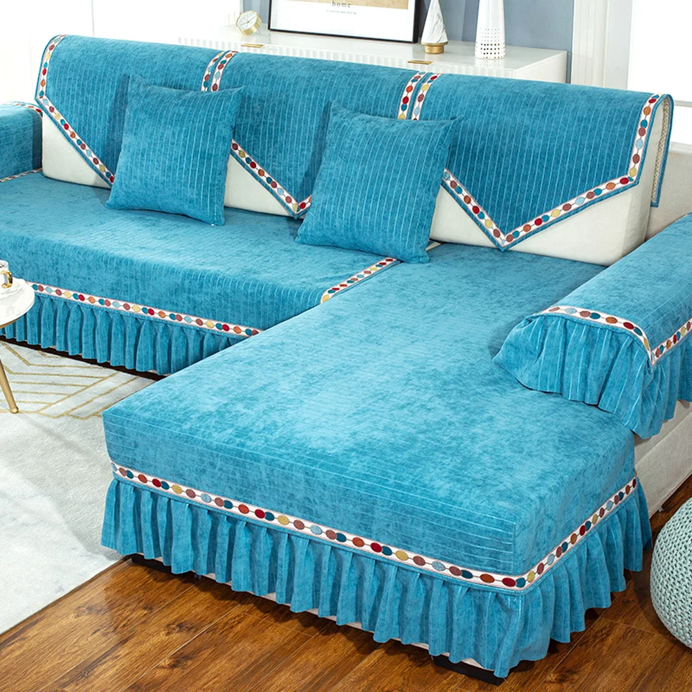 

Blue Luxury Chenille Sofa Cover Suede Soft Sofa Towel Slipcover Anti-slip Cushion Backrest Pillow Case Living Rroom Sofa Set B2