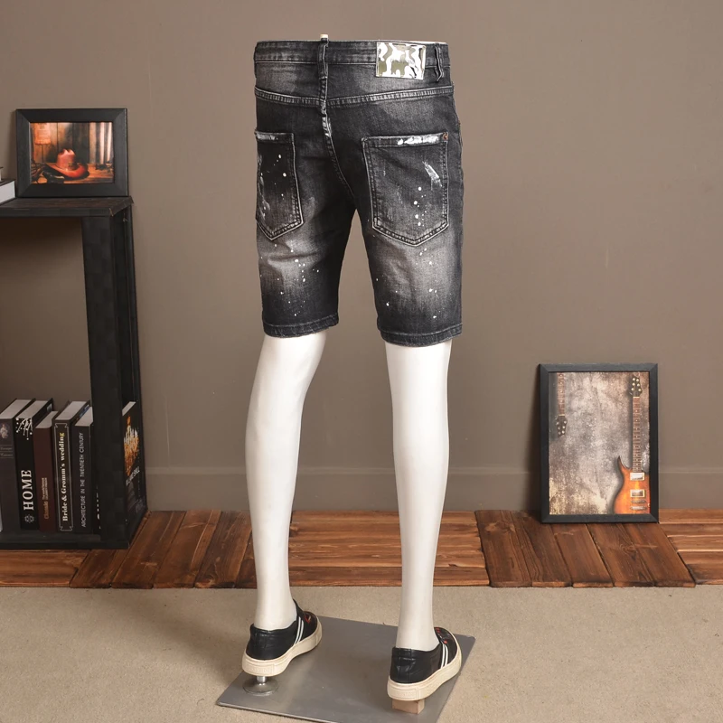Summer Thin Denim Shorts Men Stretch Slim Fit Jeans Vintage Spray Painting Patch Knee Length Pants