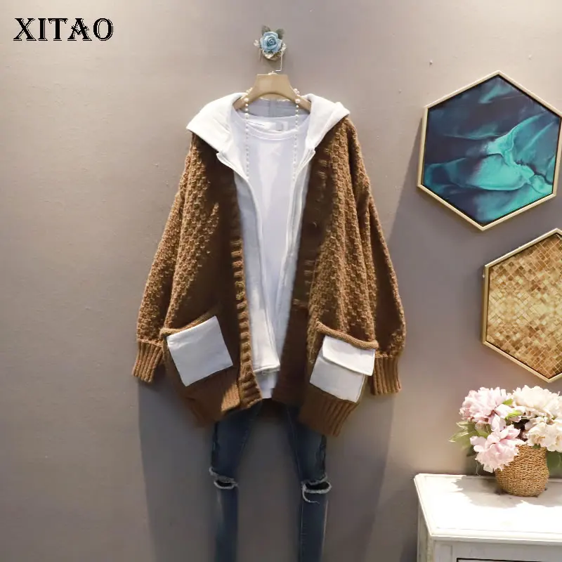 

XITAO вязаный кардиган контрастного цвета, новый пуловер с капюшоном и воротником, свитер, Осень-зима 2021, новинка GWJ1342