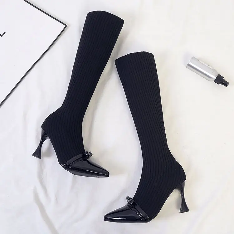 2019 Autumn and Winter Pointed Boots Women's Knitted Sweater Thin Skinny with High Bows But Knee | Обувь