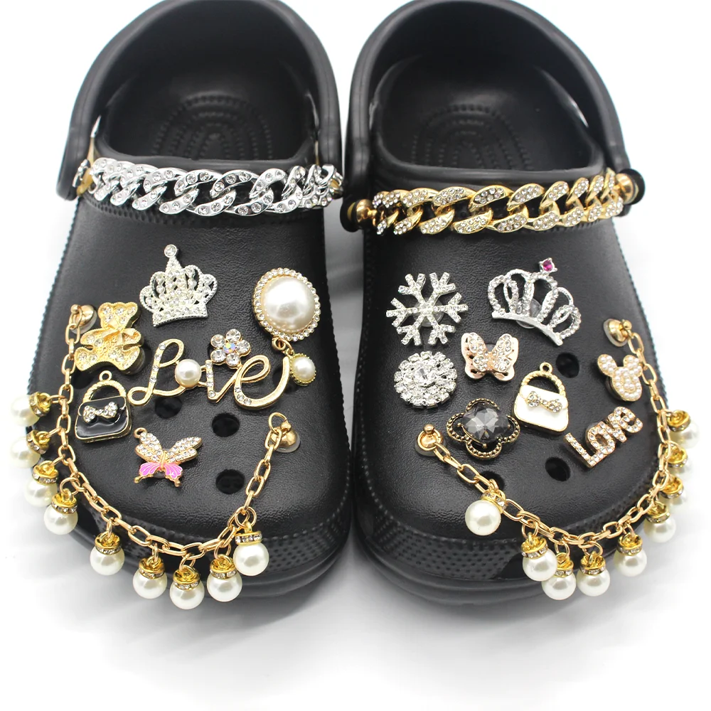 

Hot 1pcs Jewelry Metal Shoe Charms Crystal crown Shoe Aceessories Pearl Bracelet Fit women’s croc clogs girls Gifts croc jibz