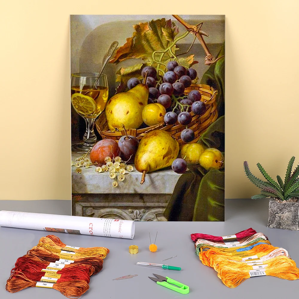 

Водорастворимый холст с принтом фруктового пейзажа, 11CT, вышивка крестом, полный набор для вышивки DMC, картина из нитей, вязание Mulina