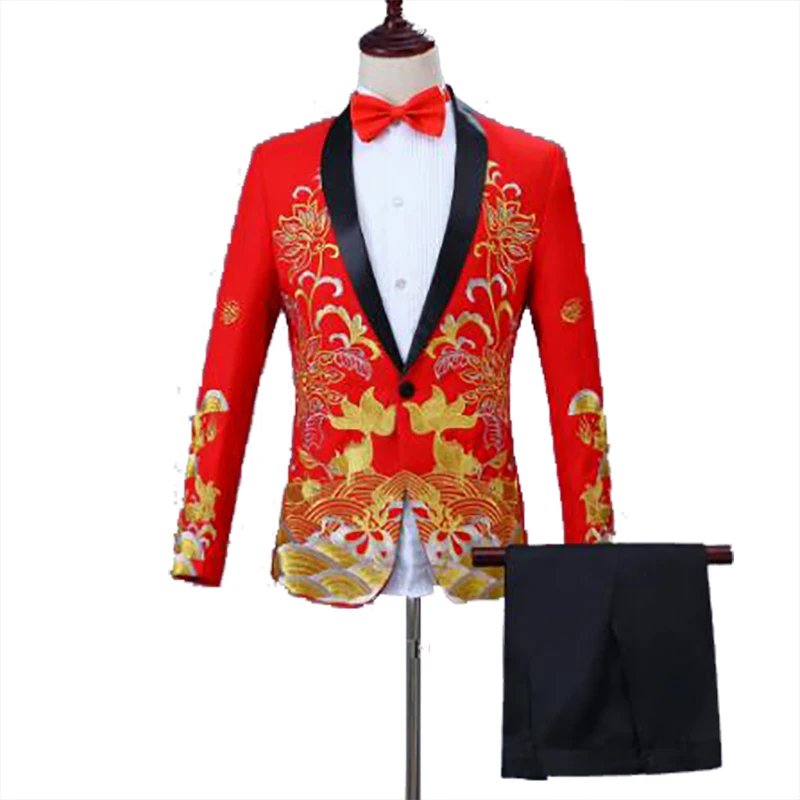 Классический мужской пиджак красного синего цвета с вышивкой рыбы приталенный