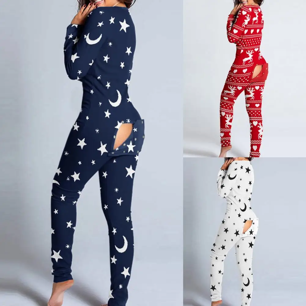 

Lady Bodysuits Bodycon Christmas Element Functional Buttoned Flap Sexy Women Pajamas for Bedroom